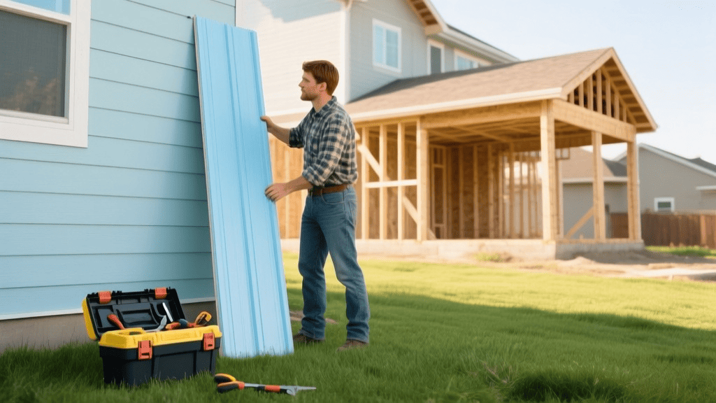 Светло-голубой виниловый сайдинг на фоне строящегося дома
