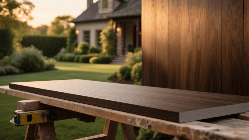 Фиброцементная панель сайдинга с реалистичной текстурой темного дерева на фоне загородного дома